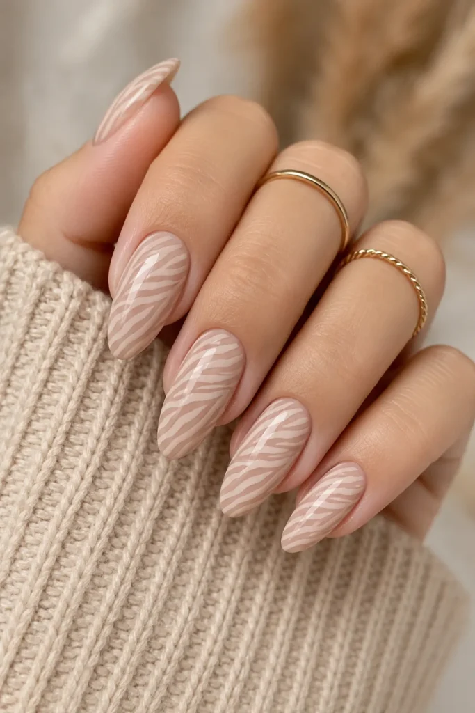 Nude Zebra Print Almond Nails