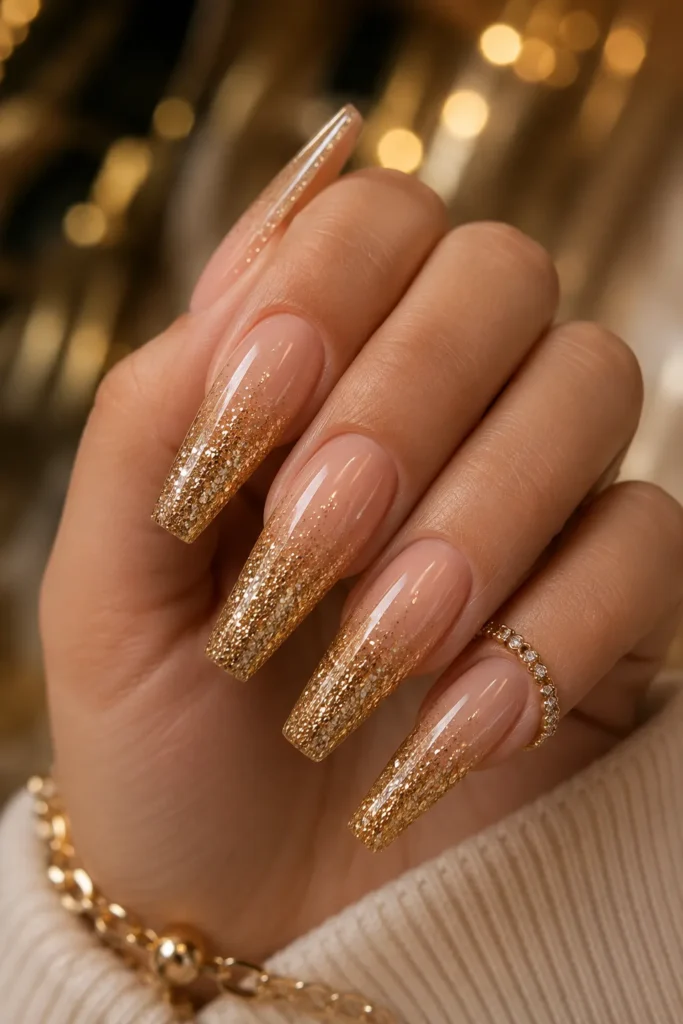 Nude and Gold Glitter Ombre Nails