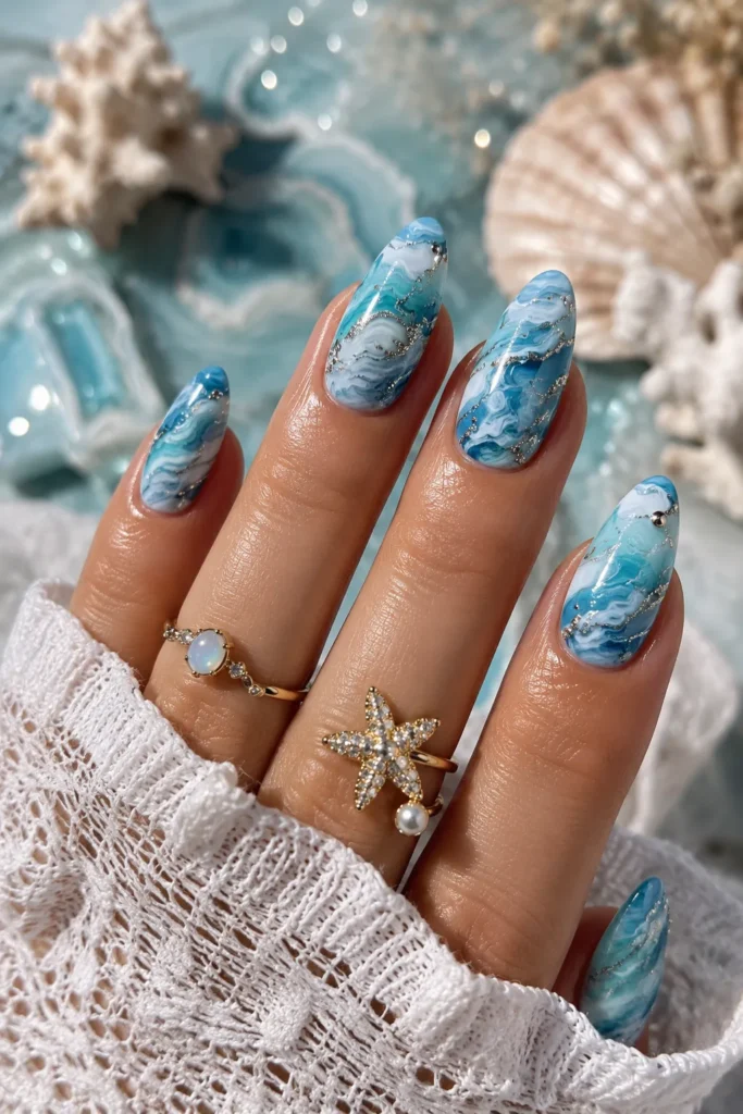 Ocean Blue Marble Nails