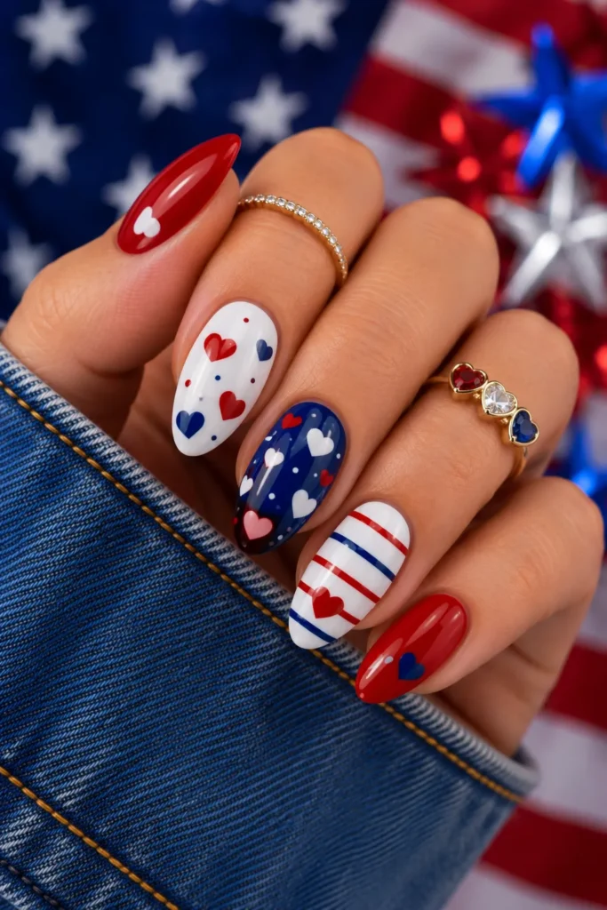 Patriotic Heart Nail Designs