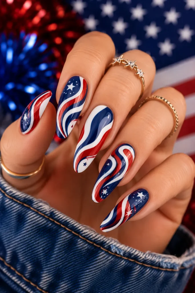 Patriotic Swirl Nail Art