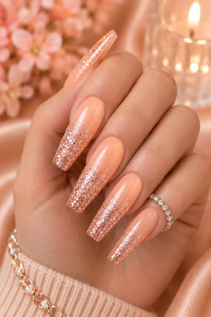 Peach Glitter Ombre Nails