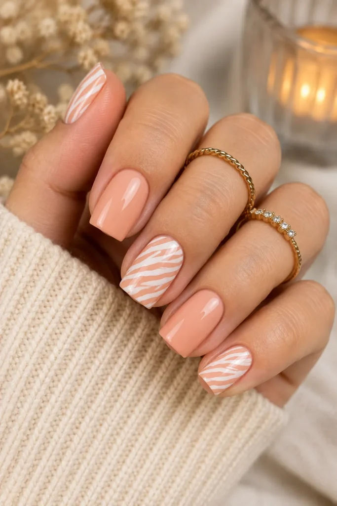 Peach and White Zebra Nails