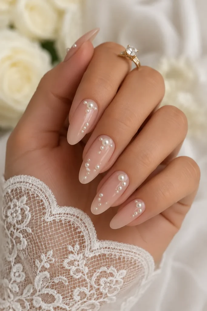 Pearl Accent Bridal Nails
