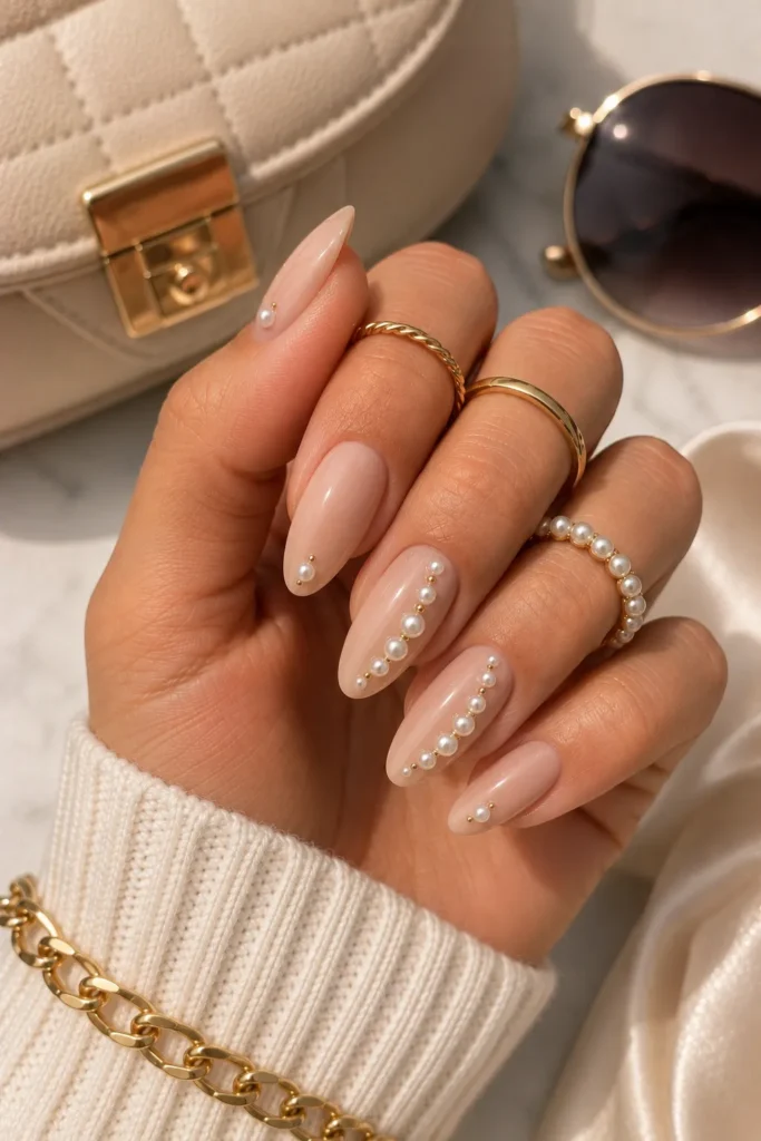 Pearl-Embellished Neutral Nails