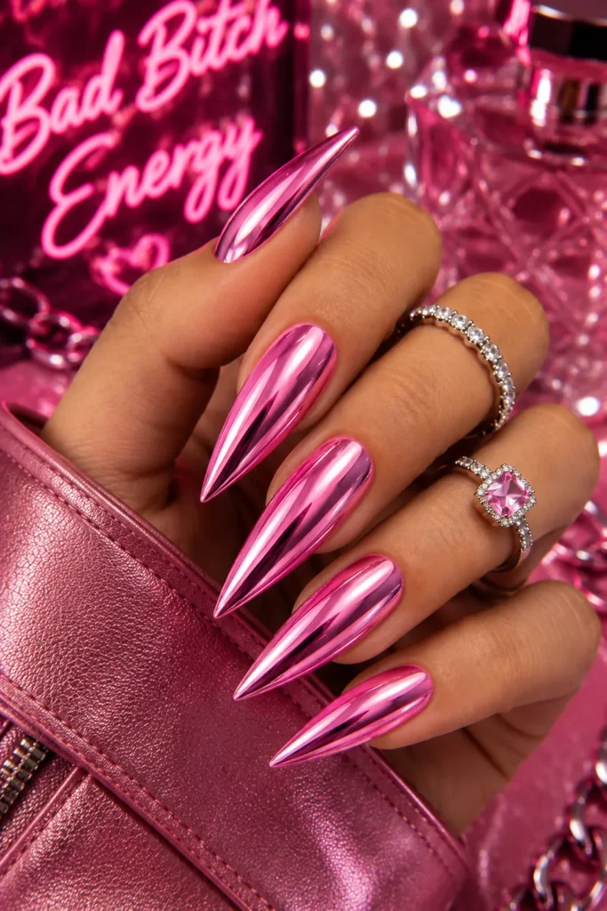 Pink Chrome Stiletto Nails
