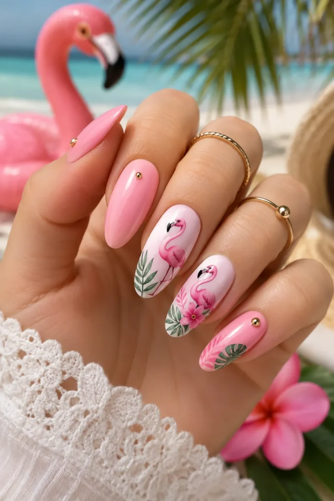 Pink Flamingo Vacation Nails