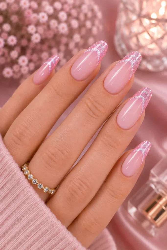 Pink Glitter French Tip Nails