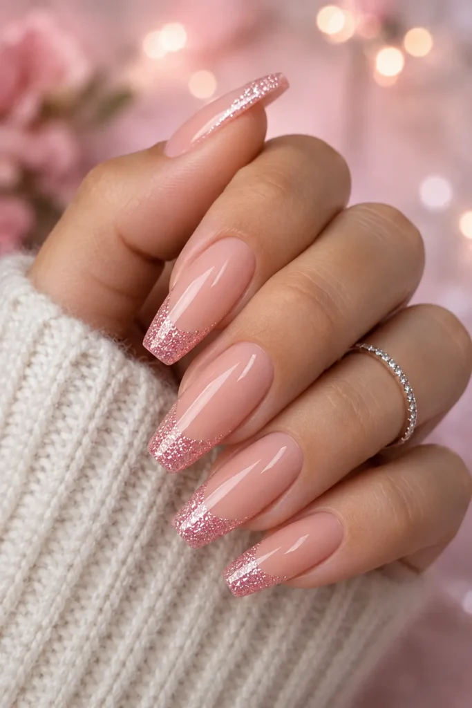 Pink Glitter French Tip Nails