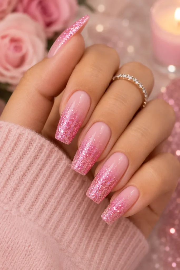 Pink Glitter Ombre Nails