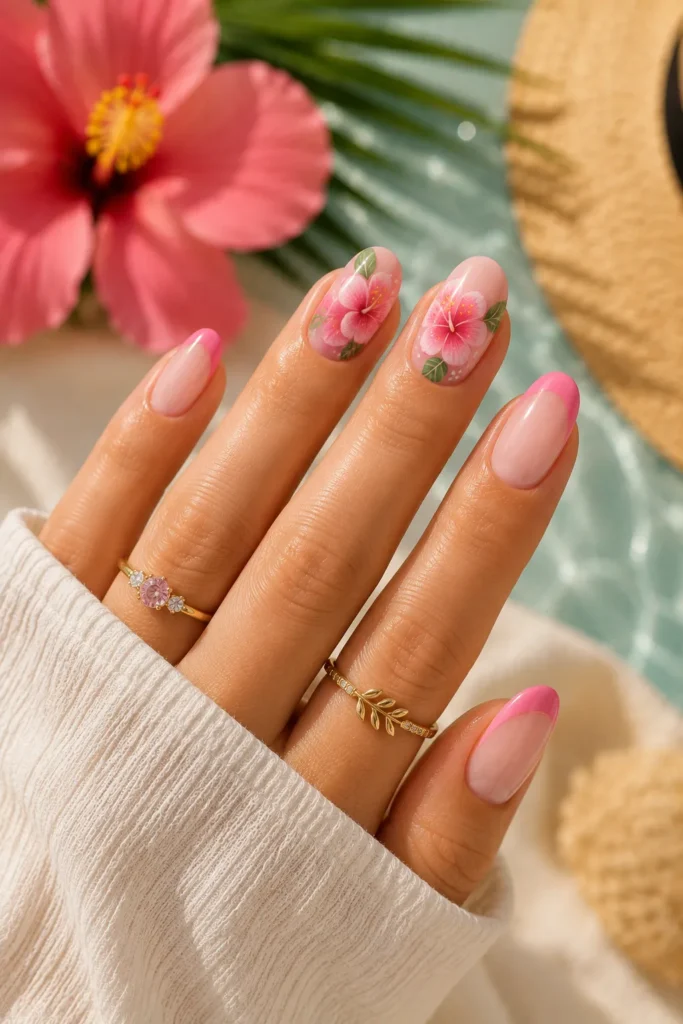 Pink Hibiscus Flower Nails