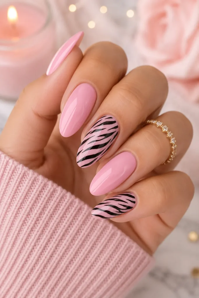 Pink Zebra Accent Nail Design