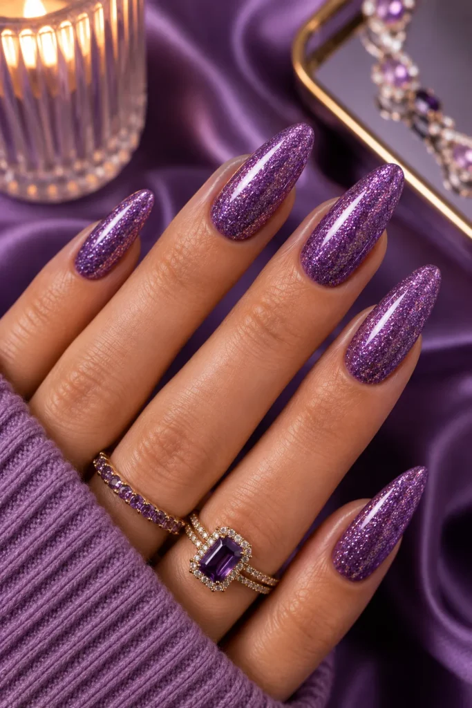 Purple Glitter Almond Nails