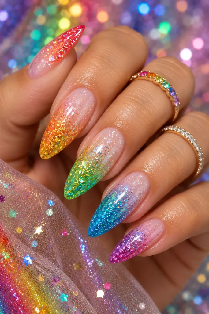 Rainbow Glitter Ombre Nails