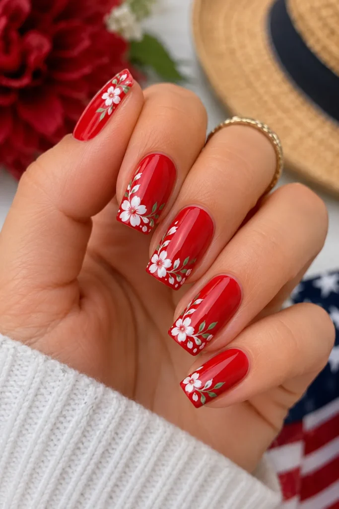 Red Floral Labor Day Nails
