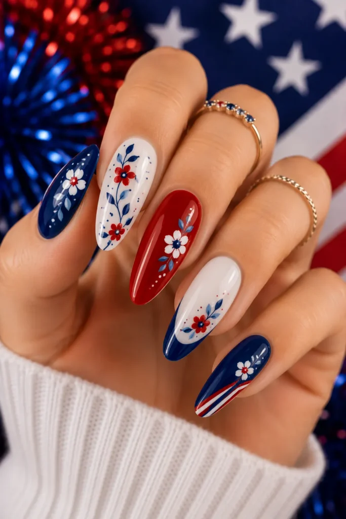 Red White and Blue Floral Nails