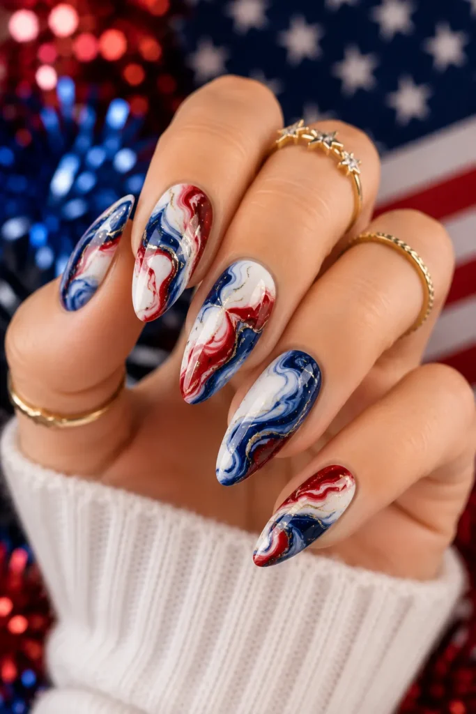 Red White and Blue Marble Nails
