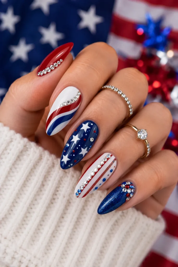 Rhinestone Accent Patriotic Nails