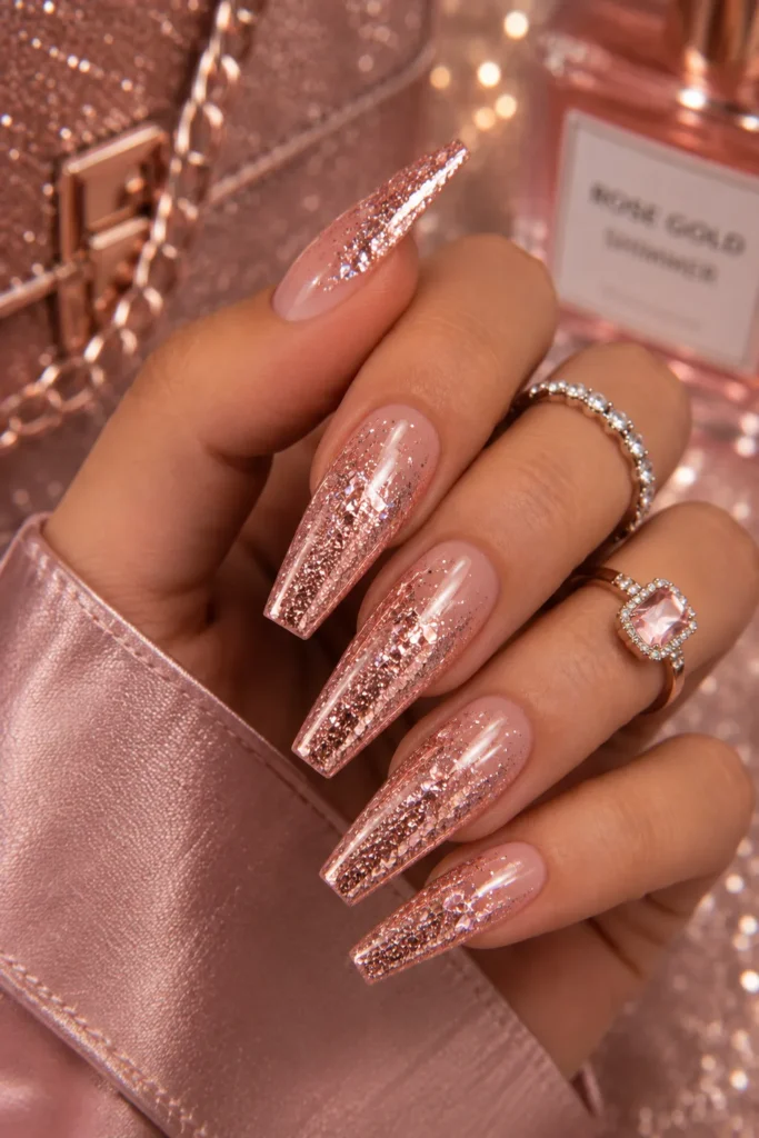 Rose Gold Glitter Coffin Nails