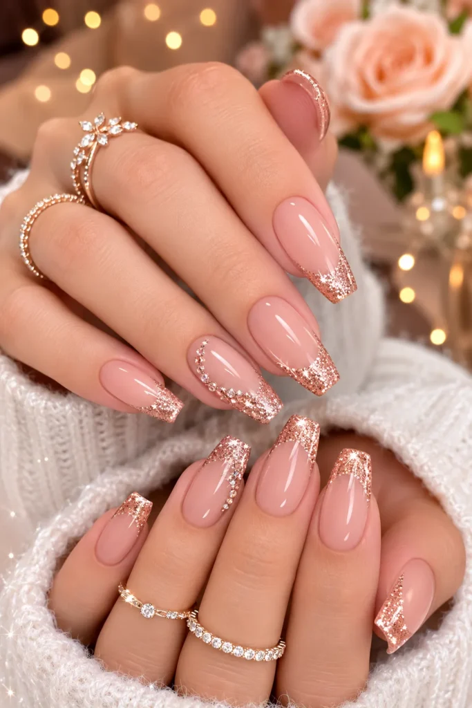 Rose Gold Glitter French Nails