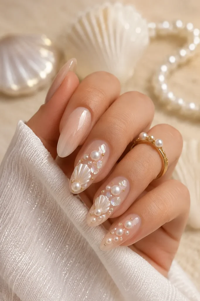 Seashell Pearl Accent Nails