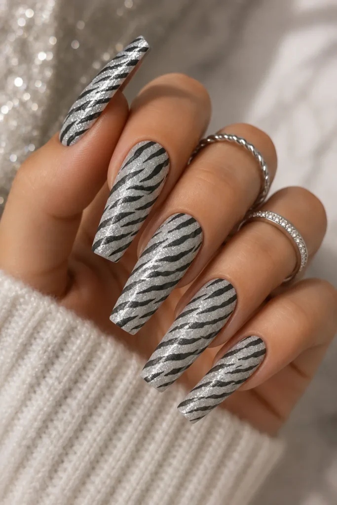 Silver Glitter Zebra Print Nails