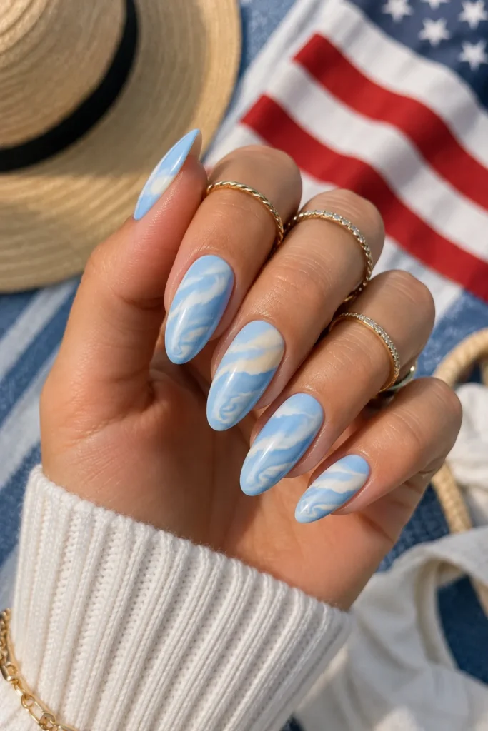 Sky Blue and White Swirl Nails