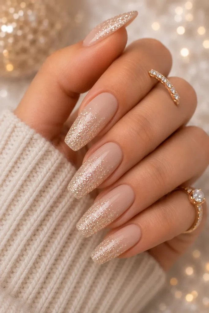 Soft Beige Glitter Ombre Nails