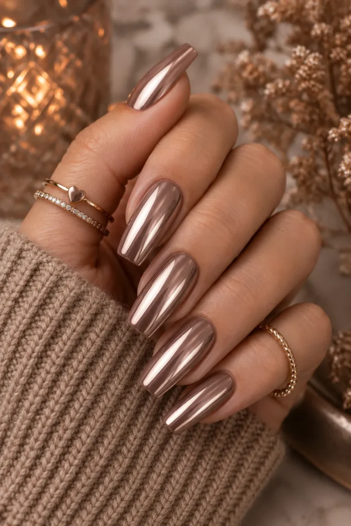 Soft Mocha Chrome Nails
