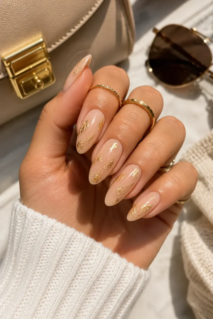 Soft Nude Nails with Gold Foil