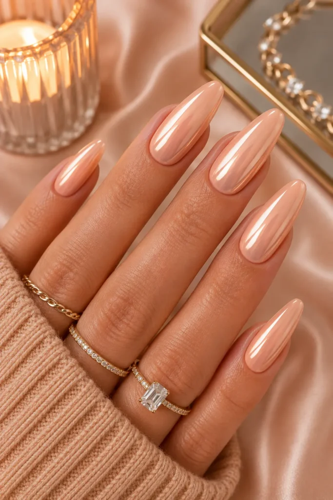 Soft Peach Chrome Nails