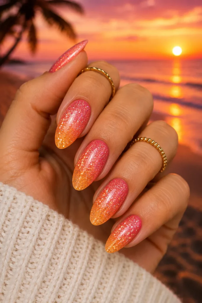 Sunset Glitter Gradient Nails