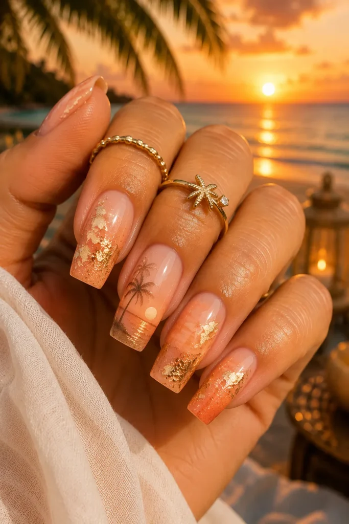 Sunset Gold Foil Vacation Nails