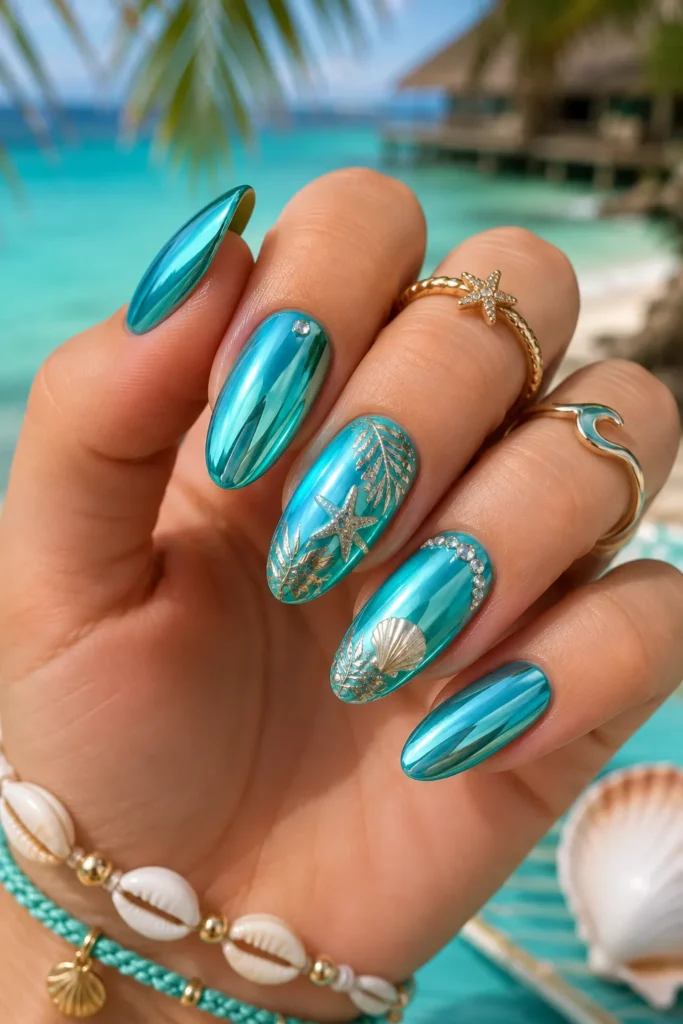 Turquoise Lagoon Chrome Nails