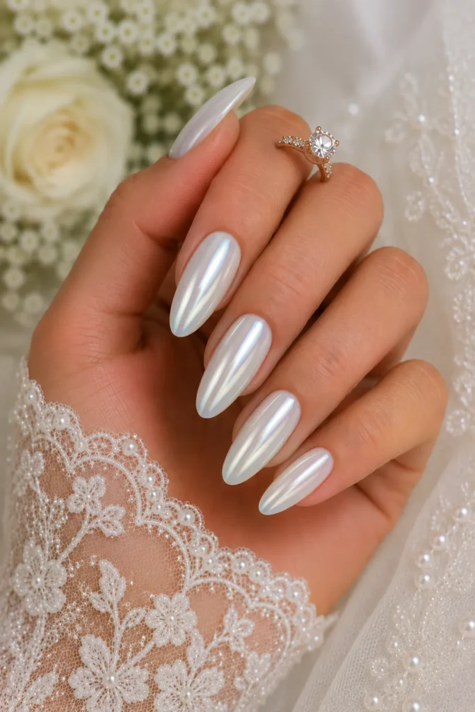 White Chrome Bridal Nails