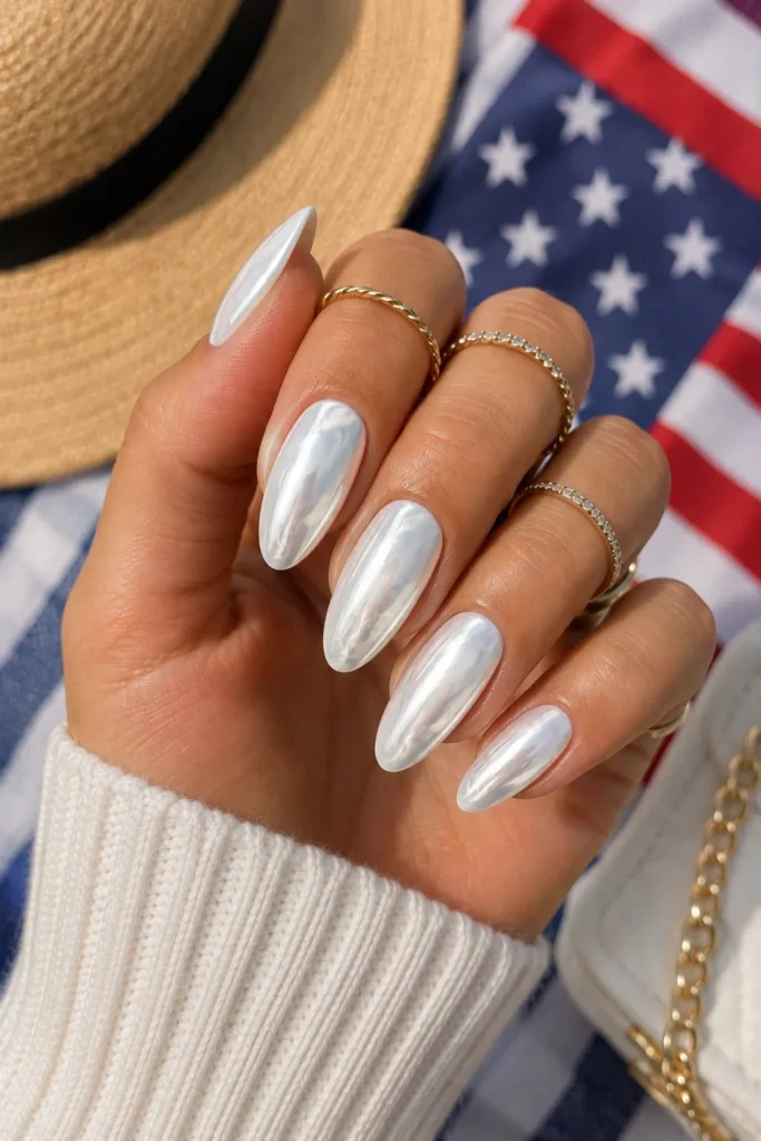 White Chrome Labor Day Nails