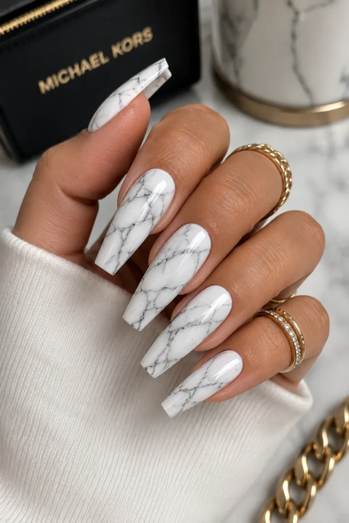 White Marble Coffin Nails