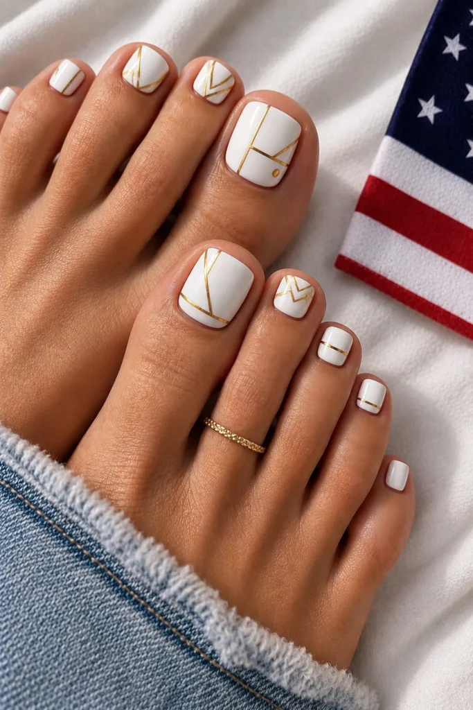 White and Gold Geometric Toe Nails