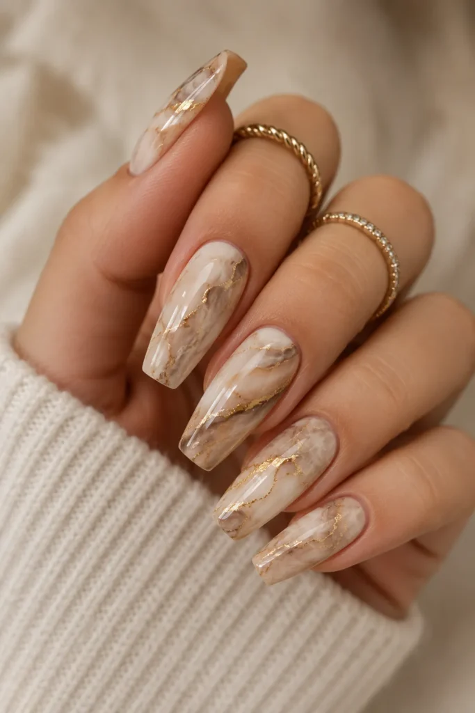Beige and Gold Marble Nails