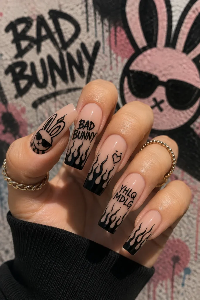Black Flames on Nude Bad Bunny Nails