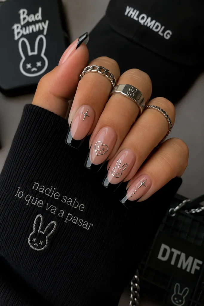 Black French Tip Bad Bunny Nails