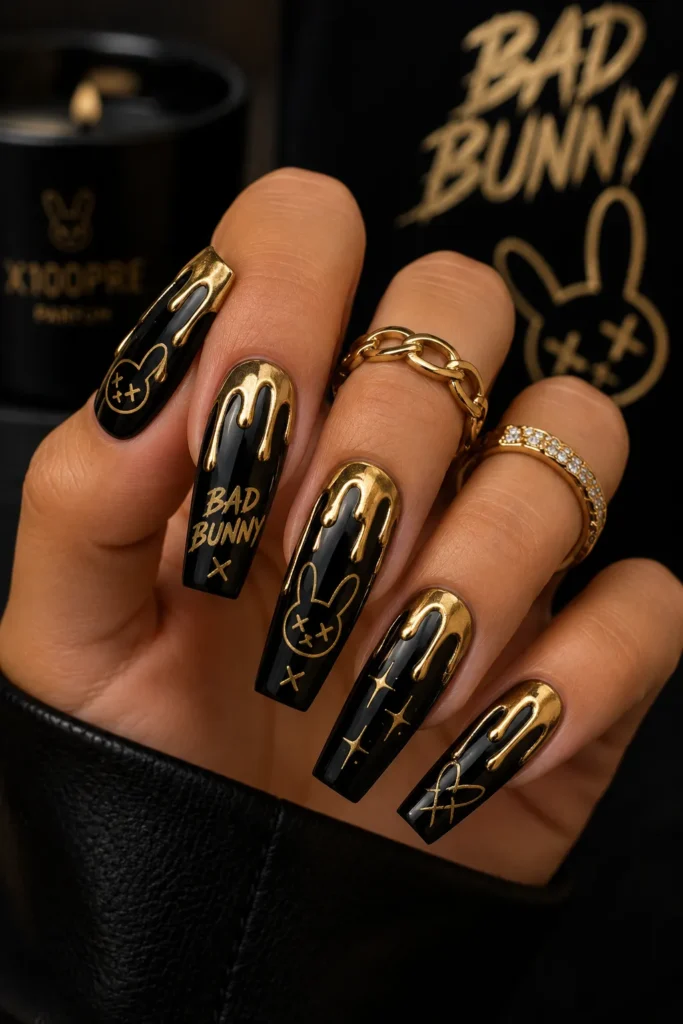 Black and Gold Drip Bad Bunny Nails
