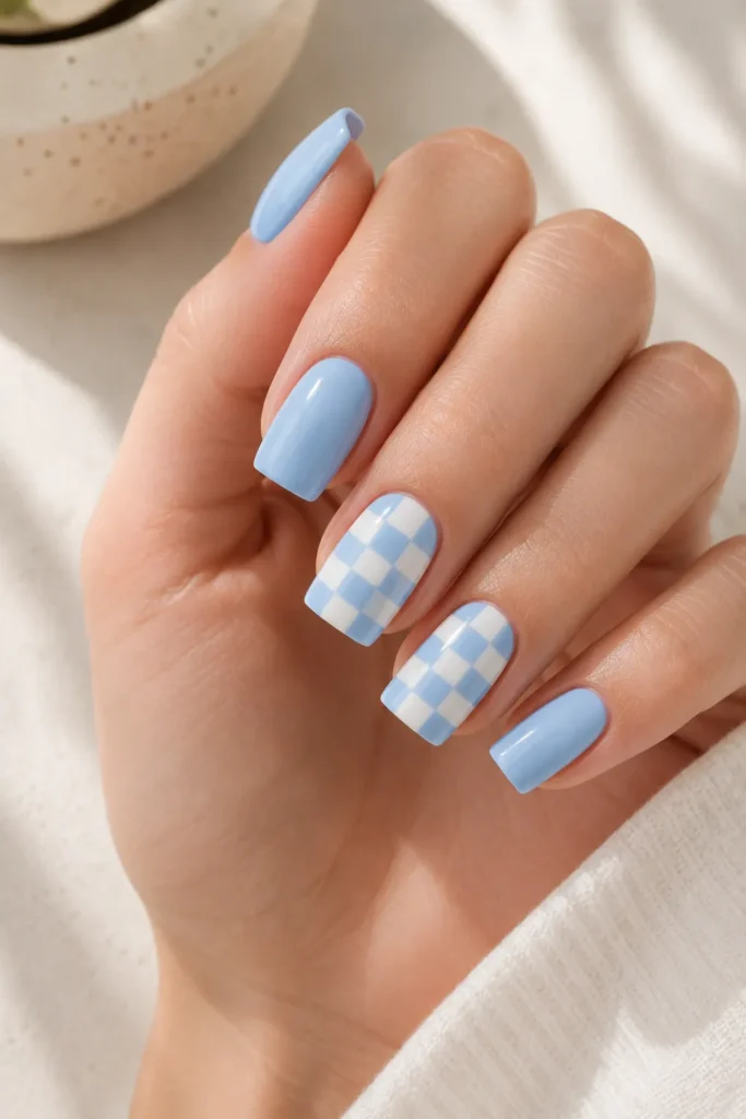 Blue Checkerboard Nails