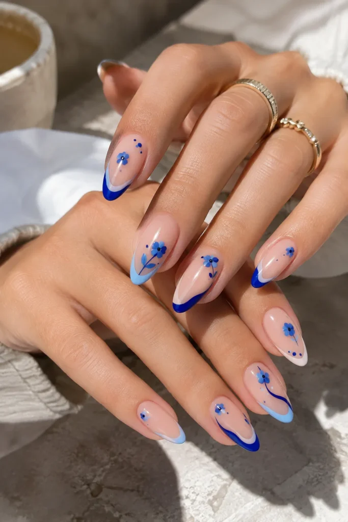 Blue Floral French Tips