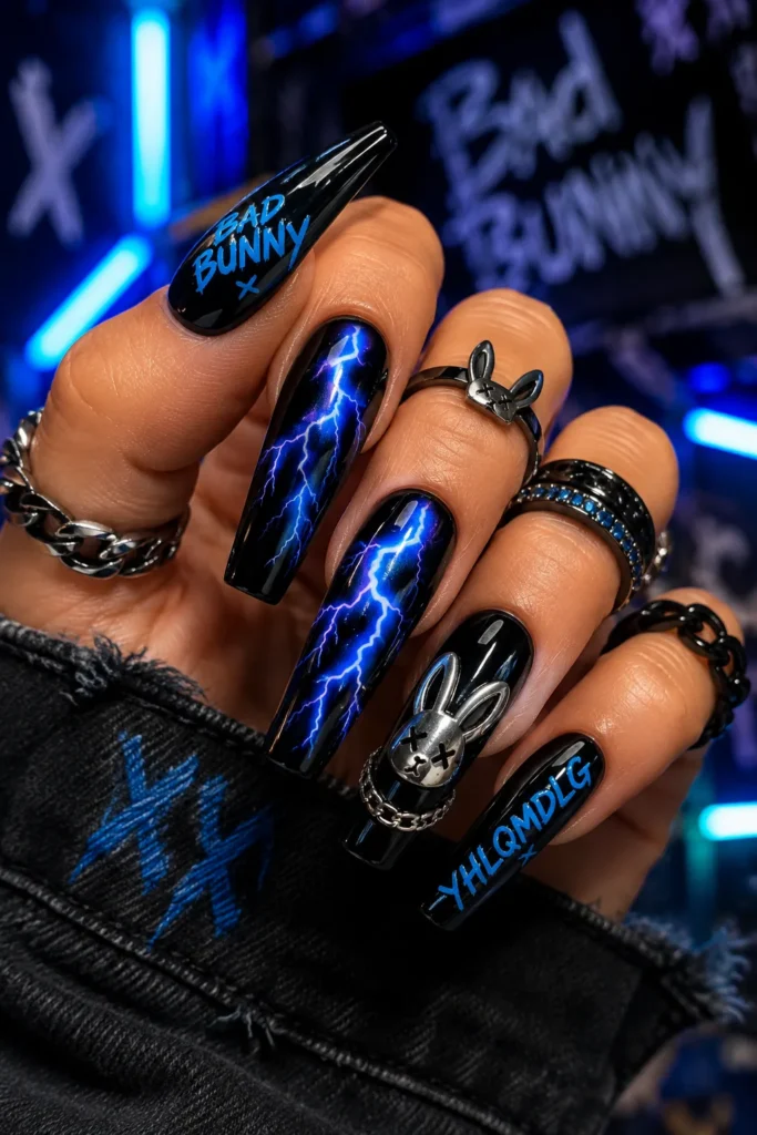 Blue Lightning Bad Bunny Nails
