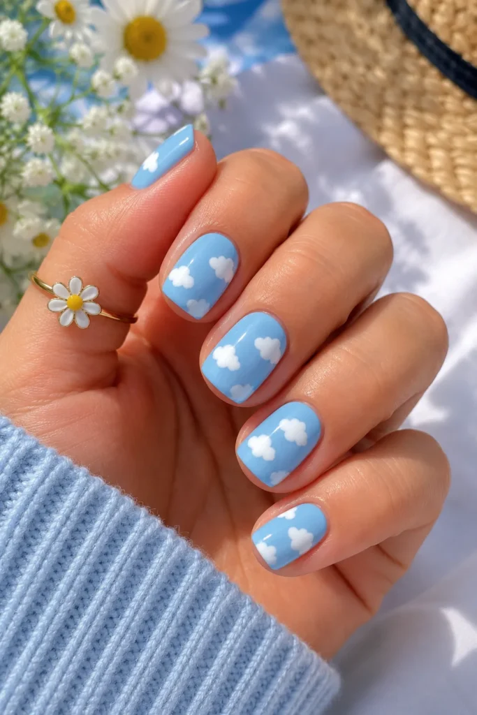 Blue Sky Cloud August Nails