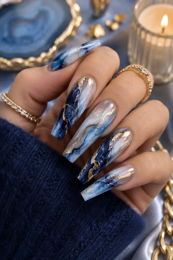Blue and Gold Marble Nails