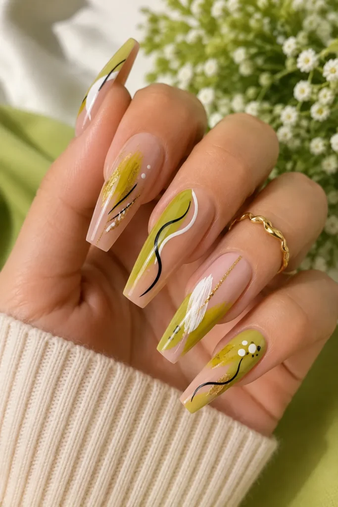 Chartreuse Abstract Art Nails