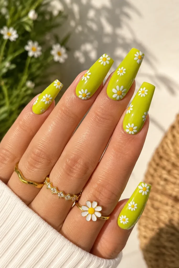 Chartreuse Daisy Nails