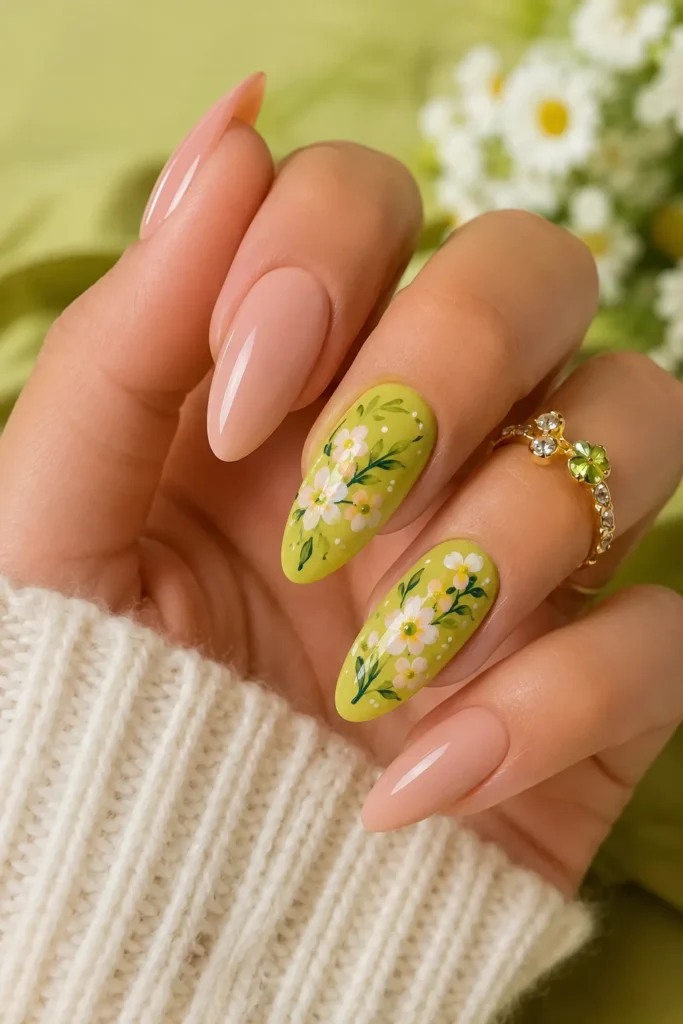 Chartreuse Floral Accent Nails